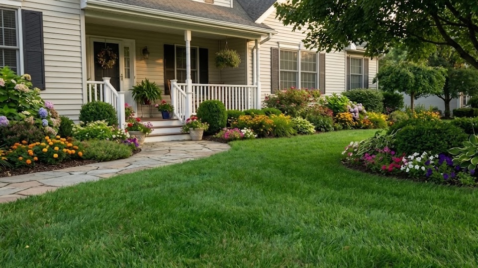 Residential home with a manicured green front lawn